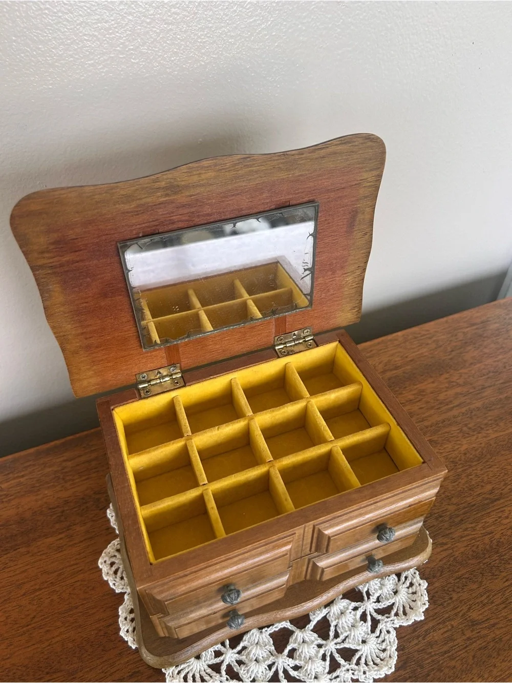 VTG Wooden Dresser Jewelry Box Drawer Hinged Lid Mirror Gold Velvet Interior